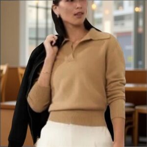 Athleta Tan V-Neck Collared Sweater Size M